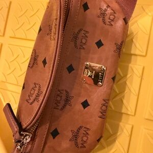 MCM Cognac Monogram Leather Crossbody with Gold Plaque